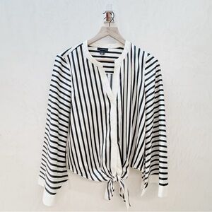 Halogen || Satin Front Tie Wide Bell Sleeve Striped Blouse Medium